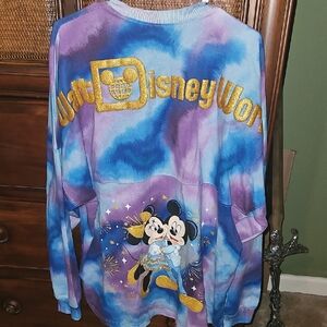 Disney Store 50th Anniversary Minnie Mickey Tie Dye Sweatshirt Blue Purple Gold